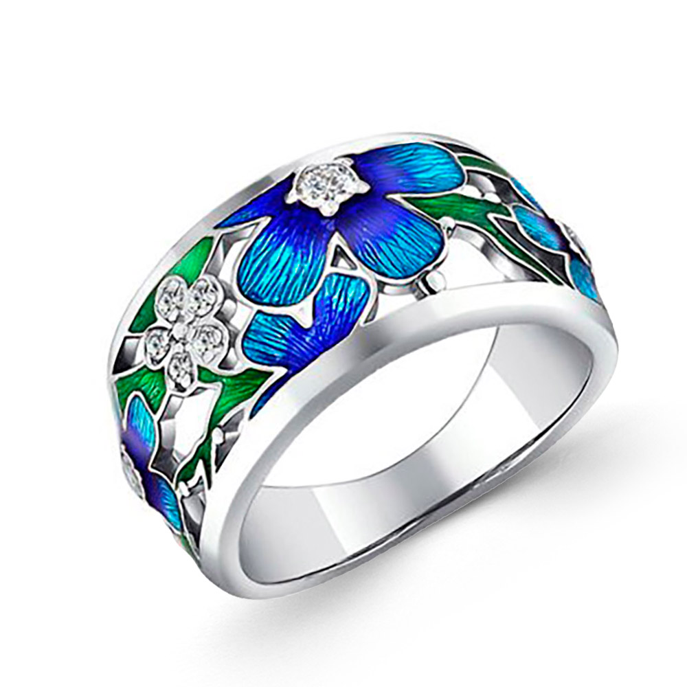 Sokolov Damenring aus 925 Silber mit Zirkonia und blauer und grüner Emaille