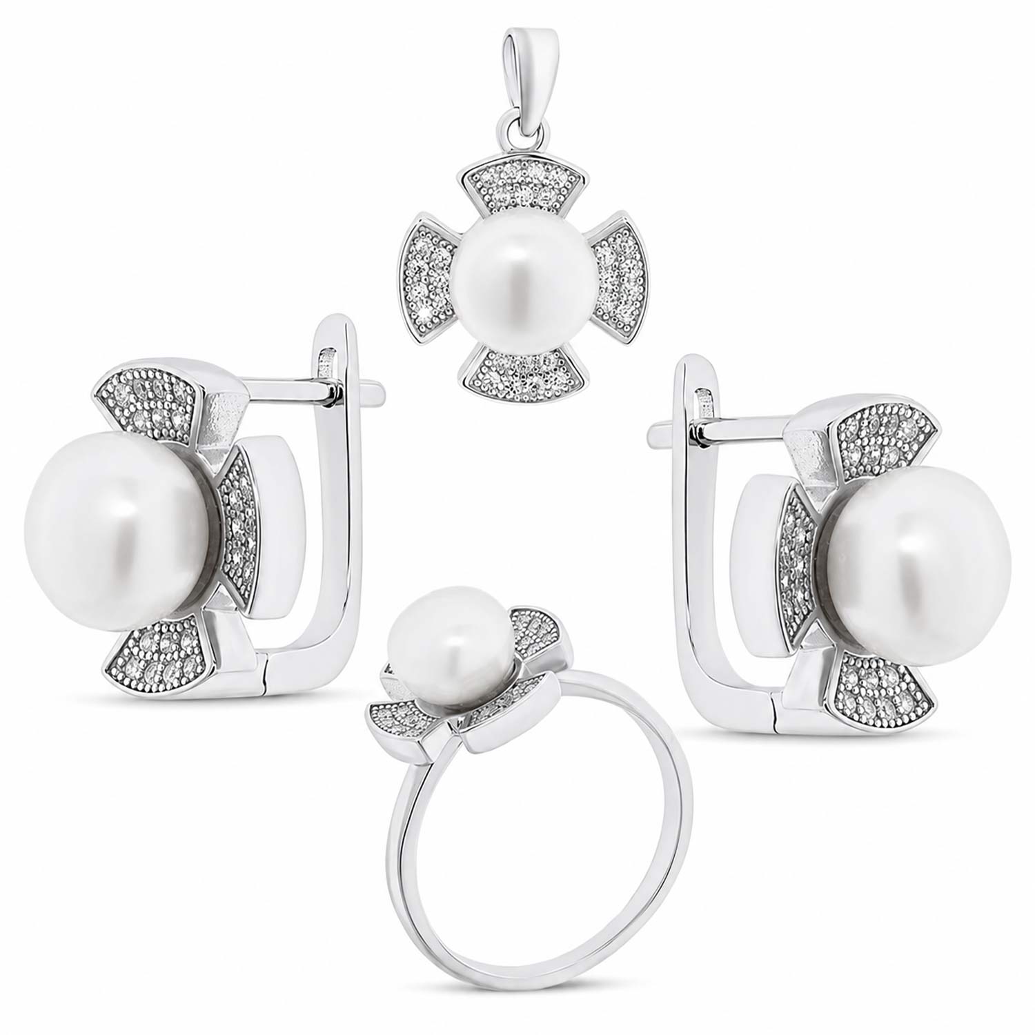Schmuckset aus 925 Silber mit Perlen: Ohrringe + Anhänger + Damenring