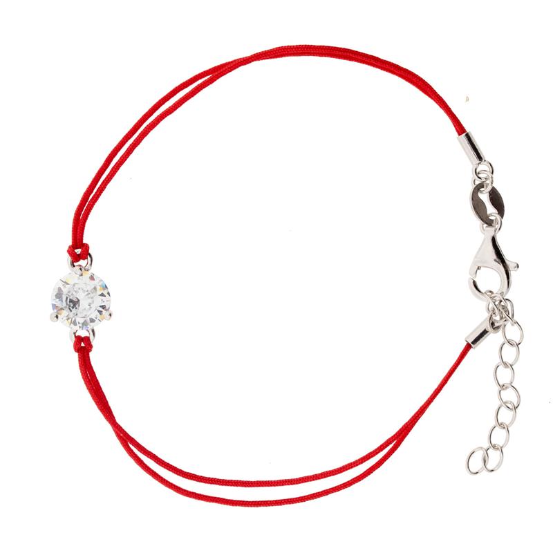 Rotes Fadenarmband mit rundem Zirkonia-Stein in 925 Silber Fassung 