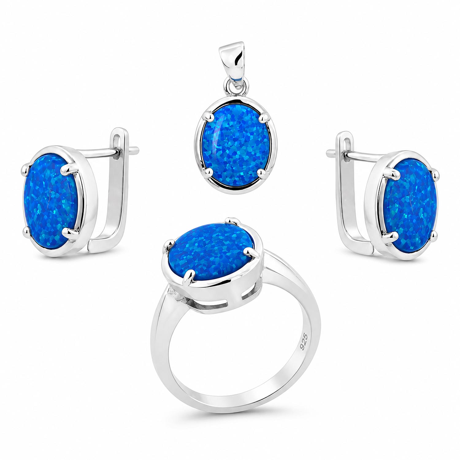 Schmuckset aus 925 Silber mit blauem Opal: Ohrringe + Anhänger + Damenring